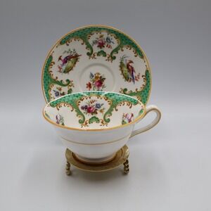 Copelands Grosvenor China Rutland Teacup Saucer Set Green Bird Floral England